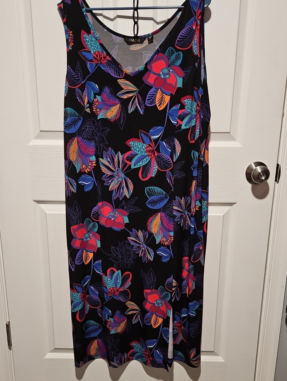 IMAN Global Chic 2X Petite Black Tropical Floral Sleeveless Slit Maxi Dress